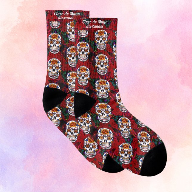 Meias Sugar Skull Cinco de Mayo Red Floral Nome (Criador carregado)