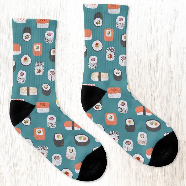 Meias Sushi (Japanese sushi food art teal green pattern socks)