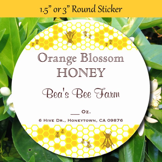 Mel Bee Honeycomb Adesivo redondo de 3" (Honey Bee Honeycomb Round Stickers in 1.5 inch or 3 inch diameter)