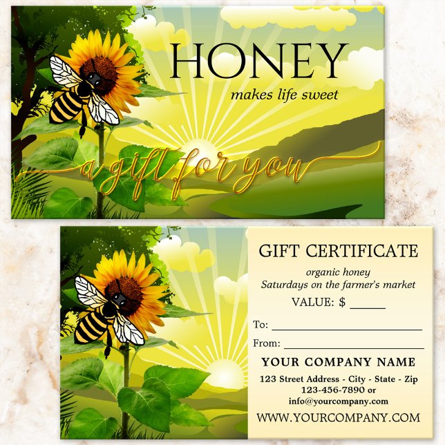 Mel Beer Farmers Market Gift Certificate (Gift certificate featuring an artistic illustration with sunflower and honey bee on fresh greenery)