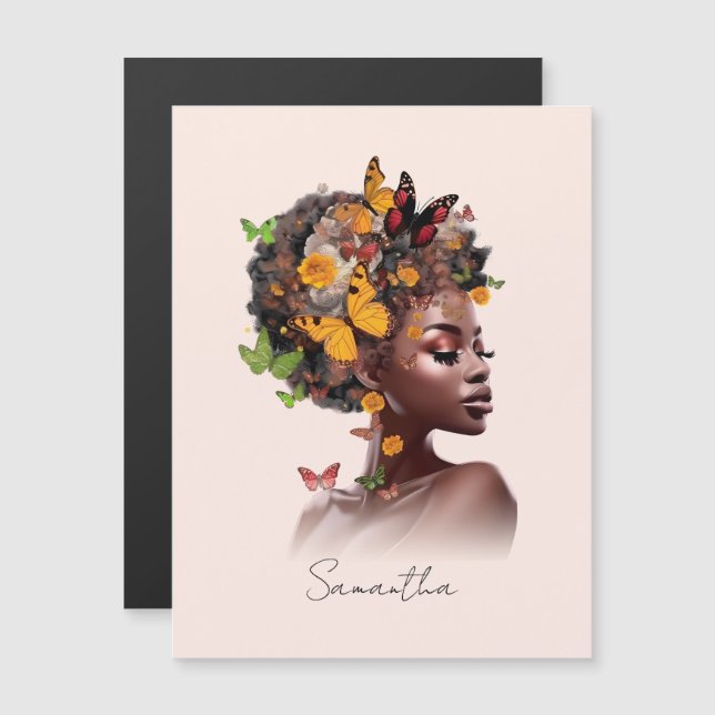Melanina Magic: Cabelo Afro e Borboleta Colorida (Frente/Verso)