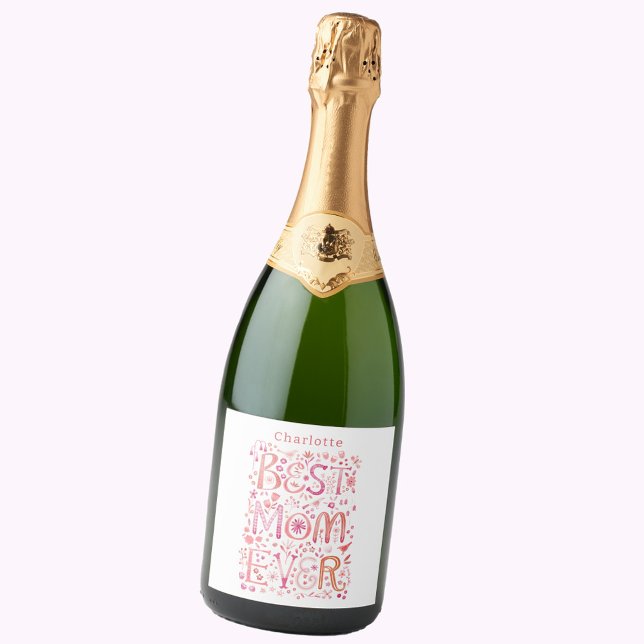 Melhor Mãe Nunca Personalizada Aquarela (Personalized Best Mom Ever sparkling wine bottle label for Mother's Day, Mom's birthday or any day!)