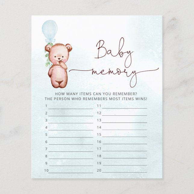 Memória do bebê do jogo do Chá de fraldas do Urso  (Frente)