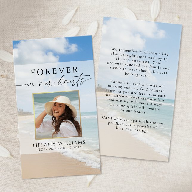 Memorial Beach Photo Forever Hearts Prayer Card (Criador carregado)