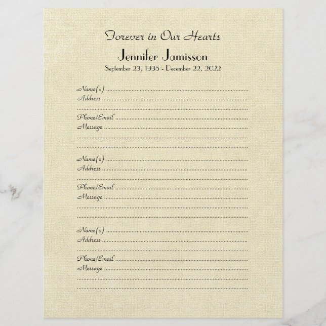 Memorial Book Filler Page, Creme Afastado (Frente)