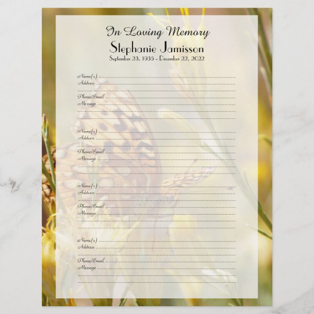 Memorial Book Filler Página Inicial Borboleta Amar (Frente)