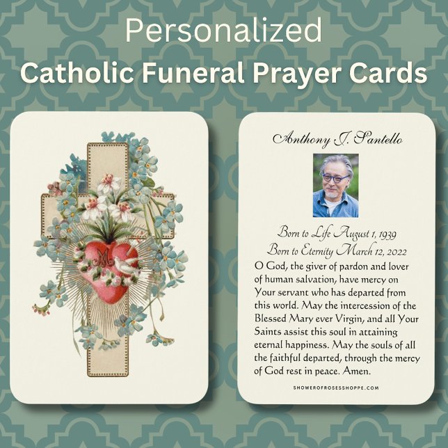 Memorial do Funeral Católico Oração Santa (Floral Traditional Catholic Funeral Prayer Card with Sacred Heart and Cross)
