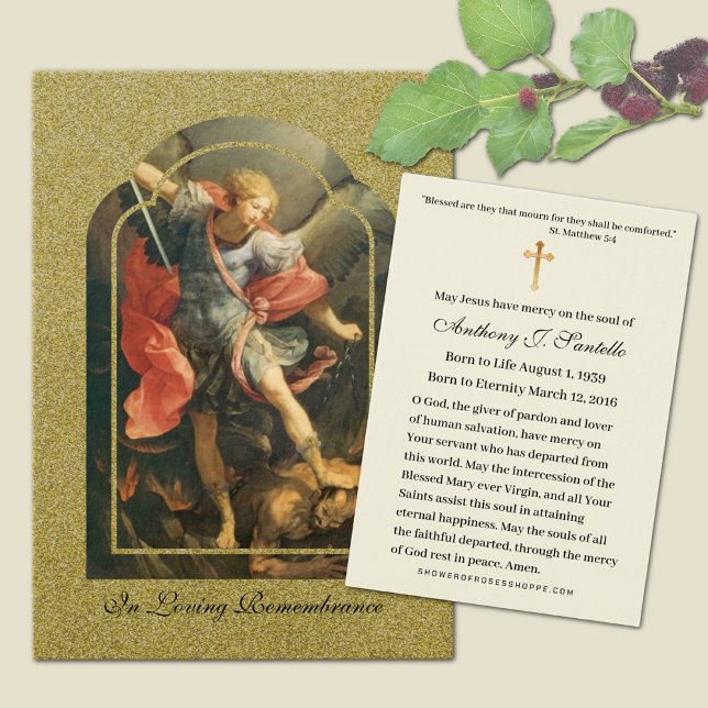 Memorial do Funeral Michael Católico - Cartão Sagr (Traditional Catholic Funeral Memorial Prayer Card with St. Michael the Archangel)