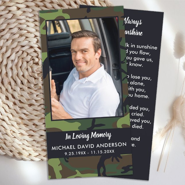 Memorial Funeral Prayer Bookmark Card Camo Foto (Criador carregado)
