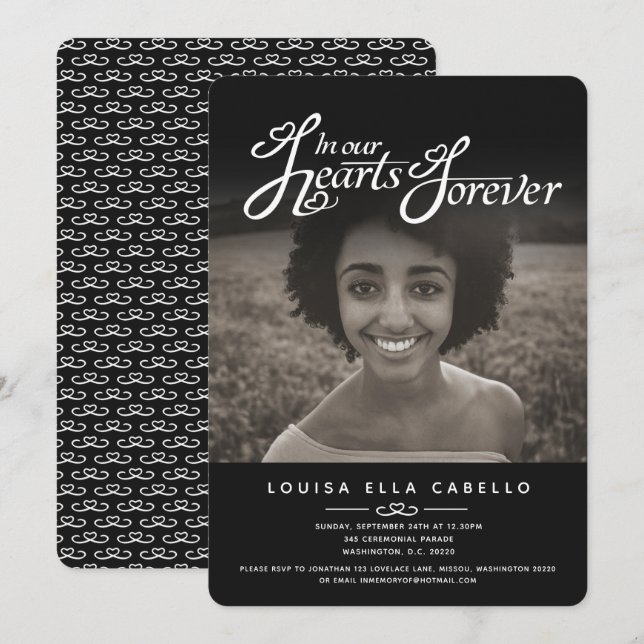 Memorial nos corações em convites negros funerário (Frente/Verso)