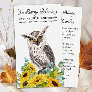 Memorial Owl Sunflower Floral Funeral Cartão de Or