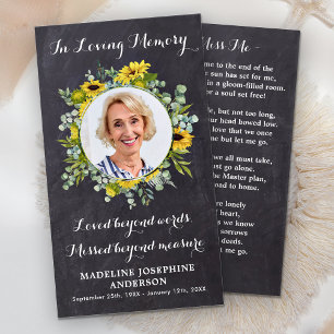 Memorial Sunflower Funerary Prayer Card Chalkboard