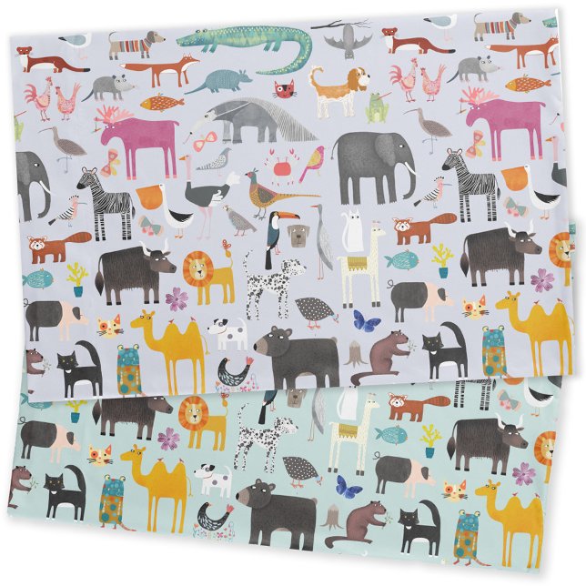 Menagerie animal reversível (Fun animal menagerie with wild, safari, zoo and pet animals and birds pattern reversible pillowcase)