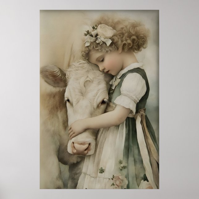Menina Abraça Vaca Impressão Antiga, Verde Sage Rú (Frente)