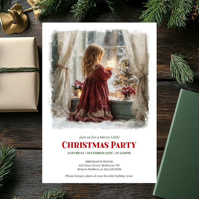 Menina aconchegante aguarda convite de Natal impre (Cozy girl awaits Santa printable Christmas invitation)