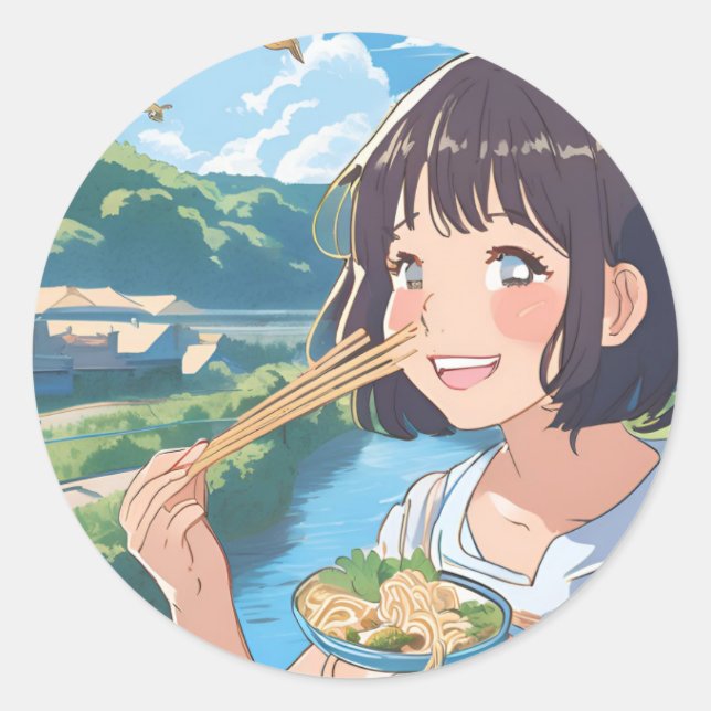 Menina animadora comendo adesivo de ramen (Frente)