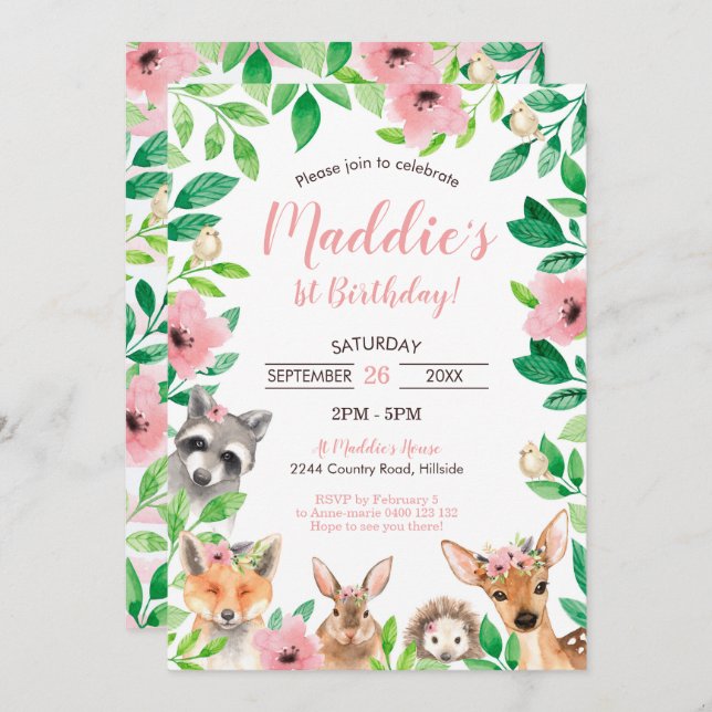 Menina Animais de Convite para primeiros aniversar (Frente/Verso)