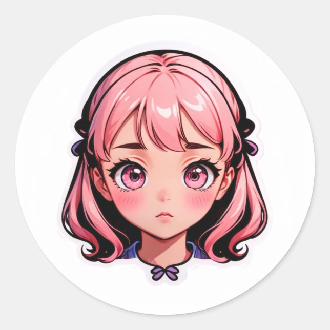 Menina Anime Adesivo - Cabelo Rosa Estilo Chibi  (Frente)