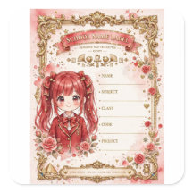 Menina Anime de Cabelo Vermelho Etiqueta Escolar
