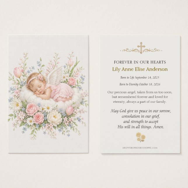 Menina Anjo Funeral Católico Rosa floral (Frente & Verso)