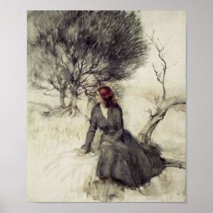 Menina ao lado de um poster do córrego