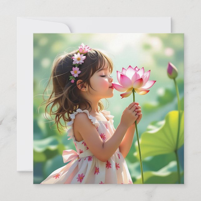 Menina bonito cheirando uma rosa rosa rosa (Frente)