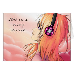Menina bonito do anime que escuta o cartão da