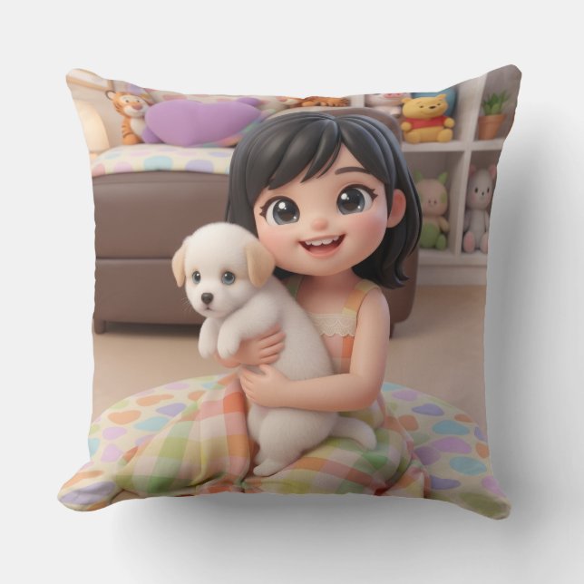 Menina Chibi Abraçando Cachorrinho Branco Almofada (Frente)