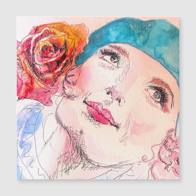 Menina com Cartão Magnético Beret de Rosa vermelha (Frente)