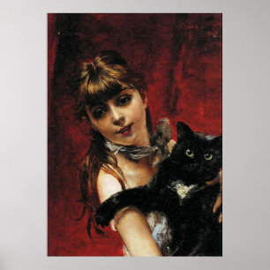 Menina com gato preto - poster da arte da