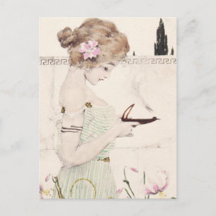 Menina com Lâmpada Cartão Postal Art Nouveau