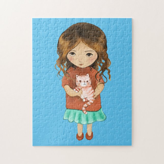 MENINA COM QUEBRA-CABEÇA DE JIGSAW DE ARTE GATO (Vertical)