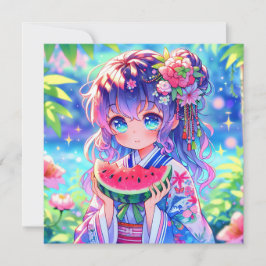 Menina de animação bonita comendo melancia no dia 