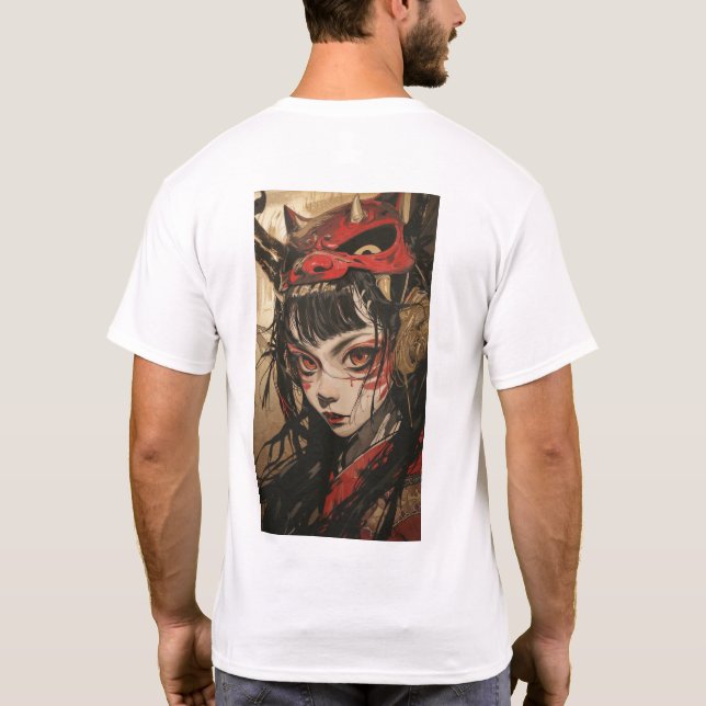 Menina de animação com camiseta Oni Máscara Vermel (Verso)