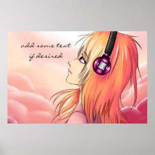 Menina de anime bonito ouvindo poster de música