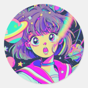 Menina de anime Kawaii no adesivo espacial