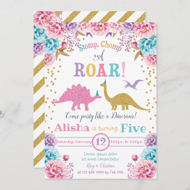 Menina de Convite de Aniversário para Dinossauro B (Frente/Verso)