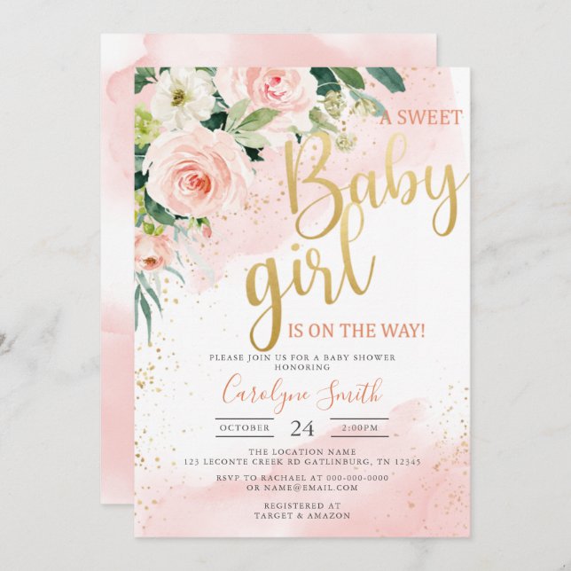 Menina de Convite para Chás de fraldas Rosa Esbran (Frente/Verso)