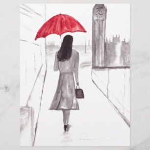 Menina de Londres com guarda-chuva vermelha