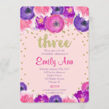 Menina do convite do aniversário de 3 anos, ouro