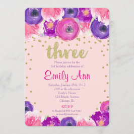 Menina do convite do aniversário de 3 anos, ouro