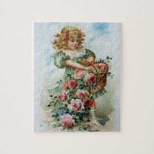 Menina do Victorian com quebra-cabeça dos rosas