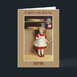Menina do vintage no cartão de aniversário<br><div class="desc">Uma menina, vestindo um vestido vermelho e um pinafore branco, está guardarando uma colher de madeira ao olhar dois grandes tartes de abóbora. Cumprimento: Irmã do feliz aniversario. Personalize o texto com seus próprios cumprimentos personalizados. ** Imagem de um cartão de Ellen H. Clapsaddle Acção de graças do vintage em...</div>