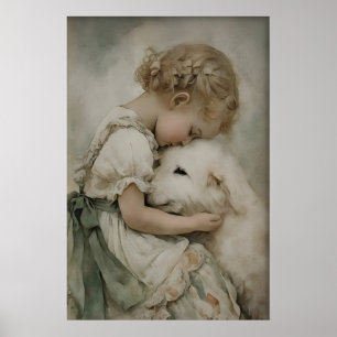 Menina e Cachorro Impressão Antiga, Verde Sage Rús