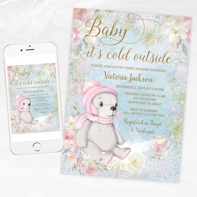 Menina É Fria Fora Do Convite Para Chá de fraldas (Girl winter bear baby shower invitation. Girl winter wonderland baby shower invitation. )