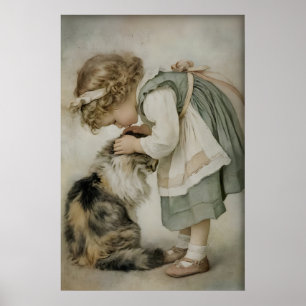 Menina e Gato Impressão Antiga, Verde Sage Rústico