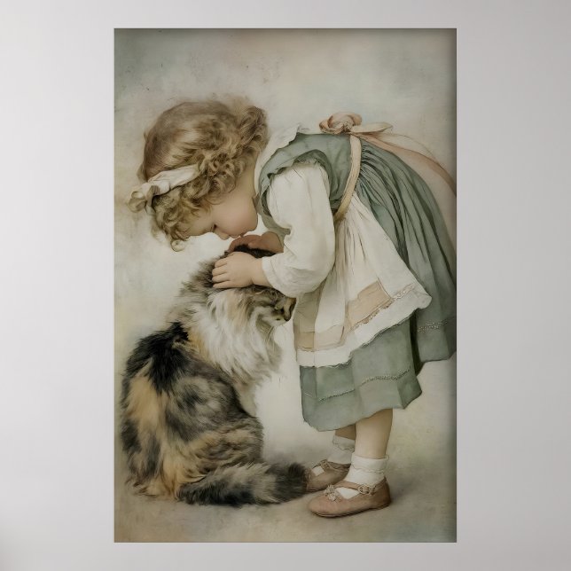 Menina e Gato Impressão Antiga, Verde Sage Rústico (Frente)