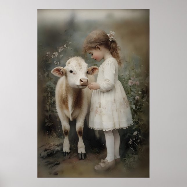 Menina e Vaca Impressão Antiga Casa de Fazenda Cot (Frente)