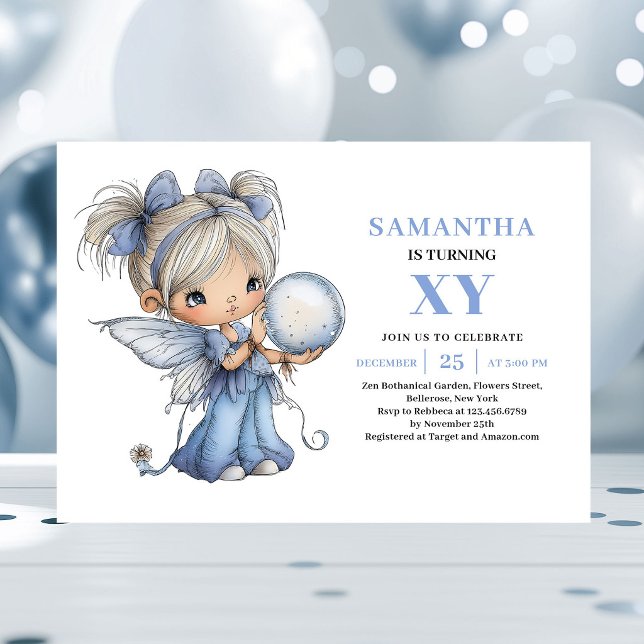 Menina Fada Azul Sonhadora 1º Aniversário Convite  (Dreamy Blue Fairy Girl 1st Birthday Pastel invitation)