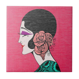 Menina Flapper Art Déco com Azulejo de Cerâmica de